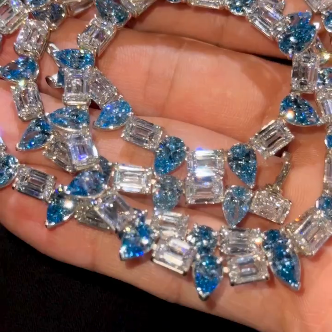 50ct pear-cut and emerald-cut diamond handmade sterling silver necklace