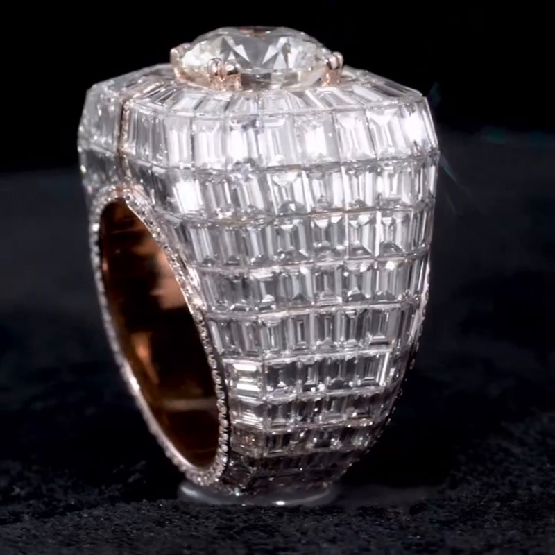 5ct Round Cut White Sapphire Halo With  Banquette Cut Setting Chandelier Men's Ring In Rose Gold