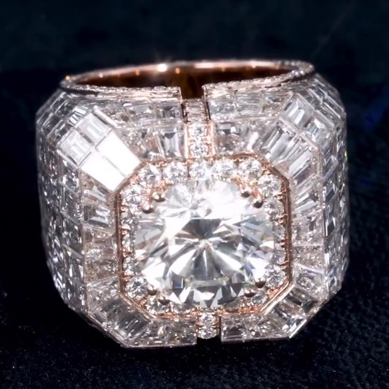 5ct Round Cut White Sapphire Halo With  Banquette Cut Setting Chandelier Men's Ring In Rose Gold