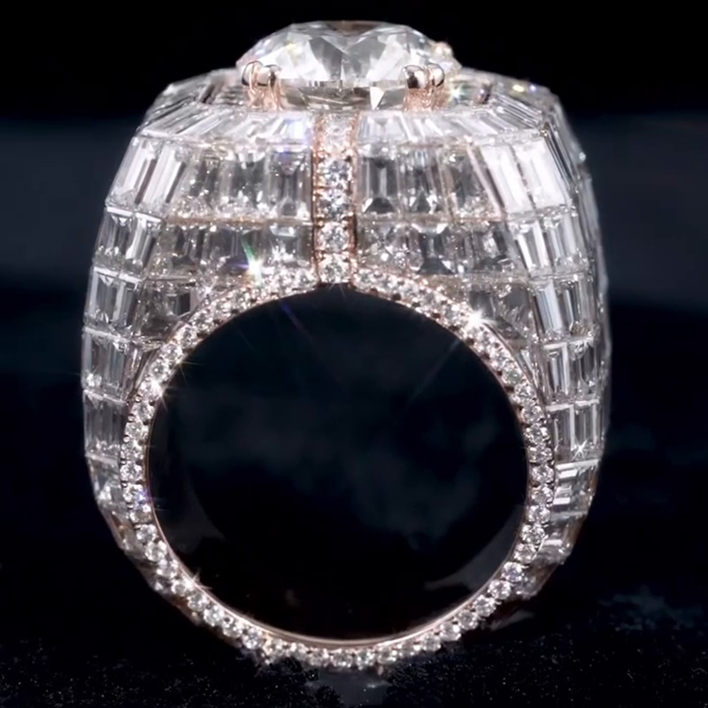 5ct Round Cut White Sapphire Halo With  Banquette Cut Setting Chandelier Men's Ring In Rose Gold