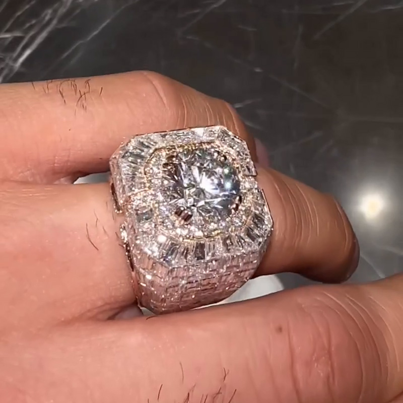 5ct Round Cut White Sapphire Halo With  Banquette Cut Setting Chandelier Men's Ring In Rose Gold