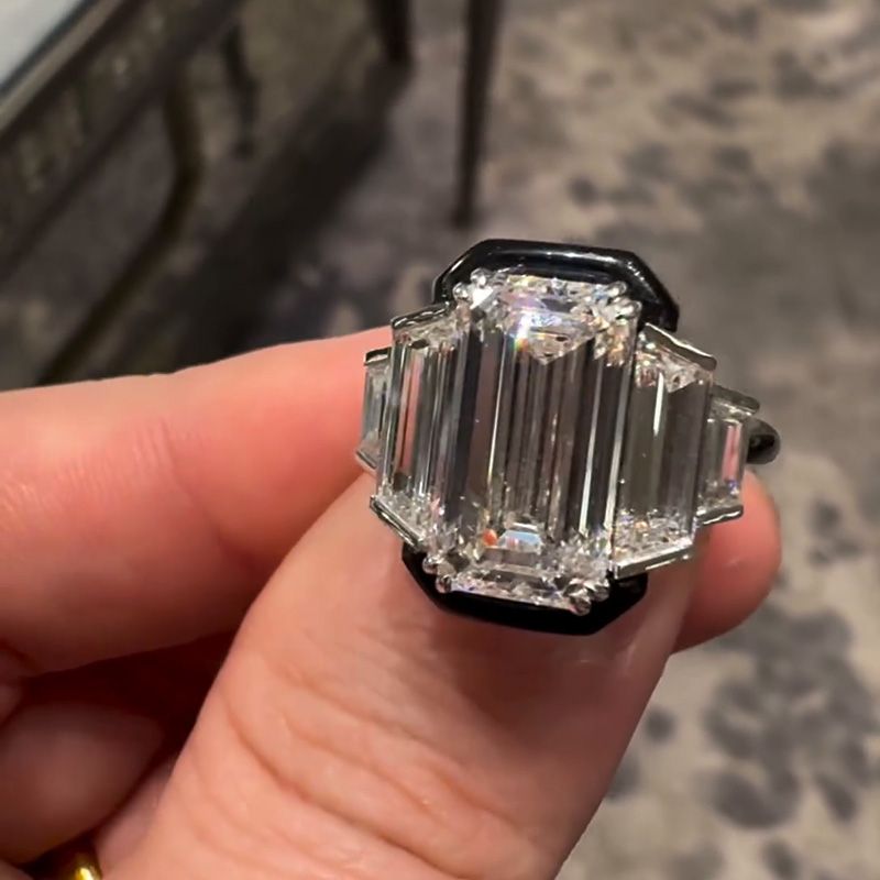 6ct Emerald Cut Flanked By 1.5ct Trapezoid White Sapphire Handmade Engagement Ring