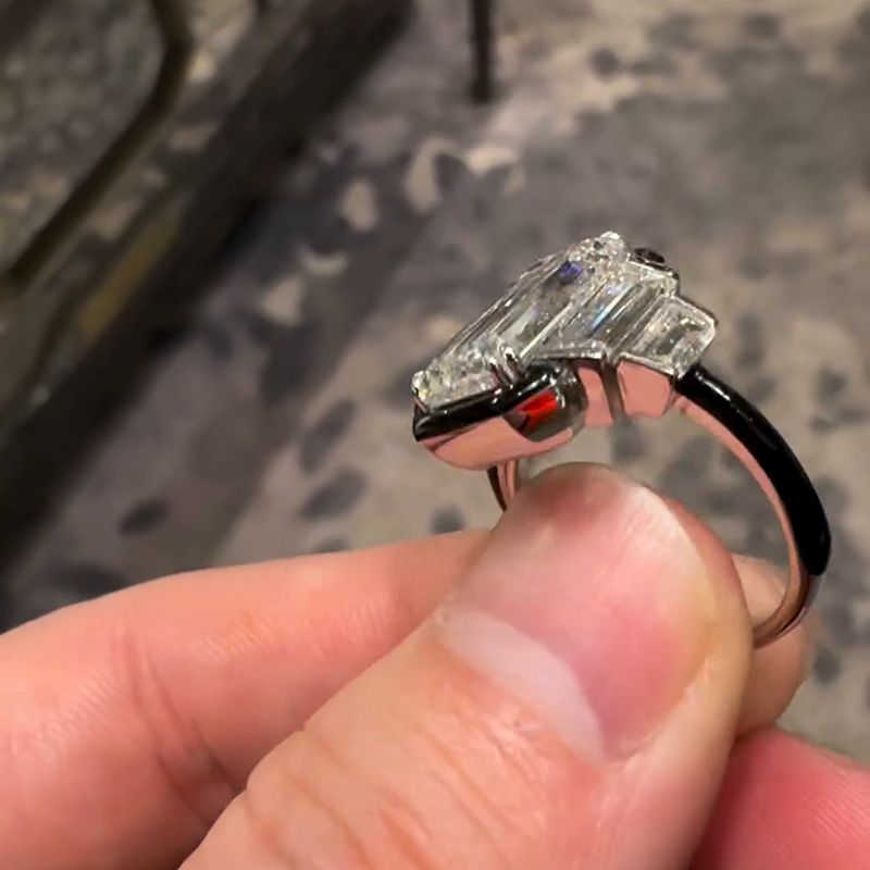 6ct Emerald Cut Flanked By 1.5ct Trapezoid White Sapphire Handmade Engagement Ring