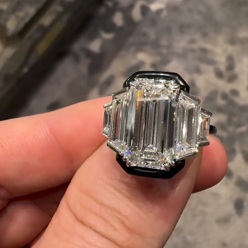 6ct Emerald Cut Flanked By 1.5ct Trapezoid White Sapphire Handmade Engagement Ring