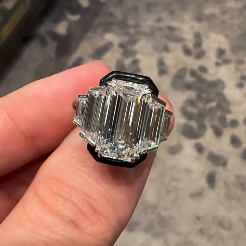 6ct Emerald Cut Flanked By 1.5ct Trapezoid White Sapphire Handmade Engagement Ring