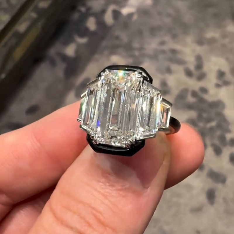 6ct Emerald Cut Flanked By 1.5ct Trapezoid White Sapphire Handmade Engagement Ring