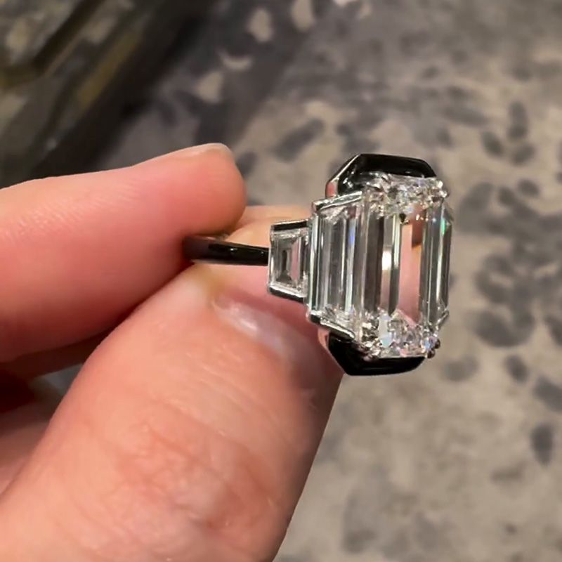 6ct Emerald Cut Flanked By 1.5ct Trapezoid White Sapphire Handmade Engagement Ring