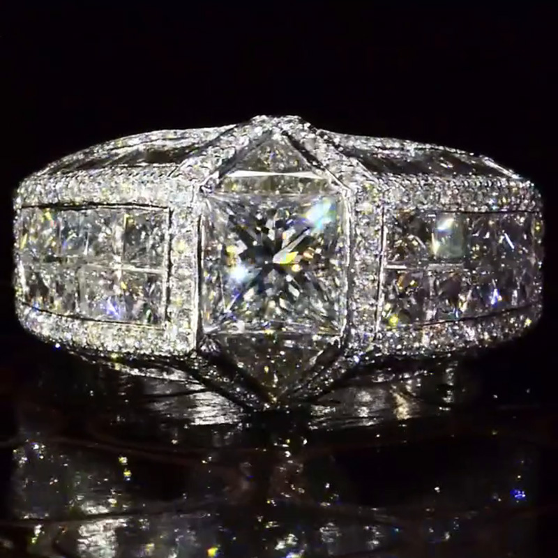 6.5ct Princess & Trillion Cut White Sapphire Pave Set Handmade Engagement Ring