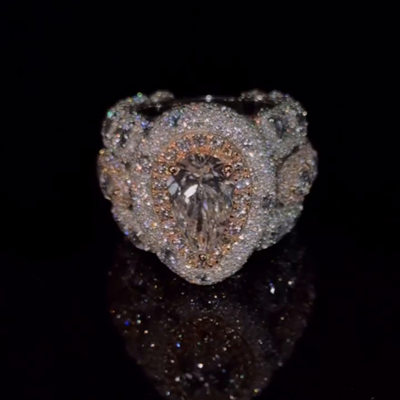 5ct Pear Cut With 12ct Side Stones Halo Pave Set Handmade Men's Rings