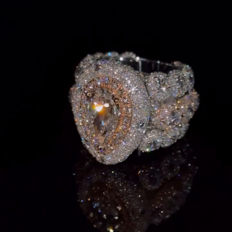 5ct Pear Cut With 12ct Side Stones Halo Pave Set Handmade Men's Rings