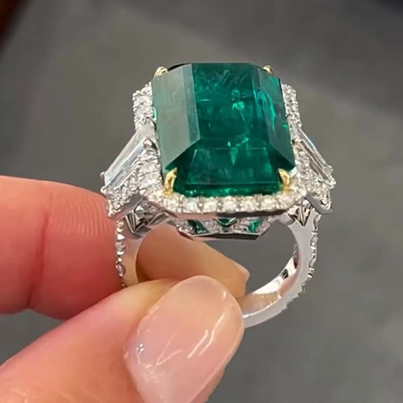15ct Emerald Cut Emerald Green With 1ct Baguette Side Stones Halo Handmade Engagement Ring