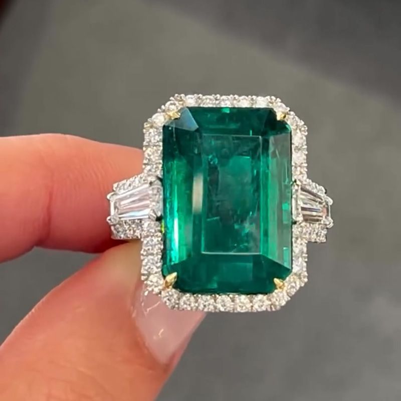 15ct Emerald Cut Emerald Green With 1ct Baguette Side Stones Halo Handmade Engagement Ring