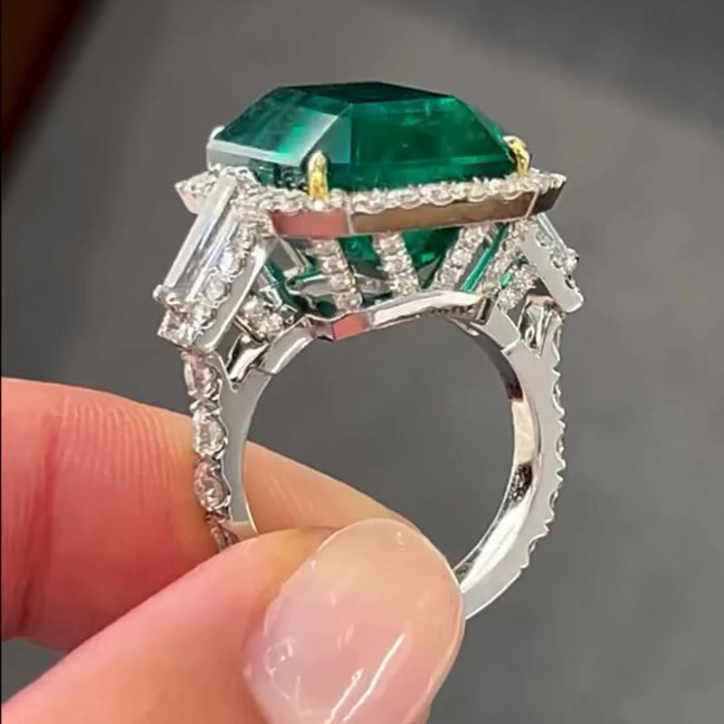 15ct Emerald Cut Emerald Green With 1ct Baguette Side Stones Halo Handmade Engagement Ring