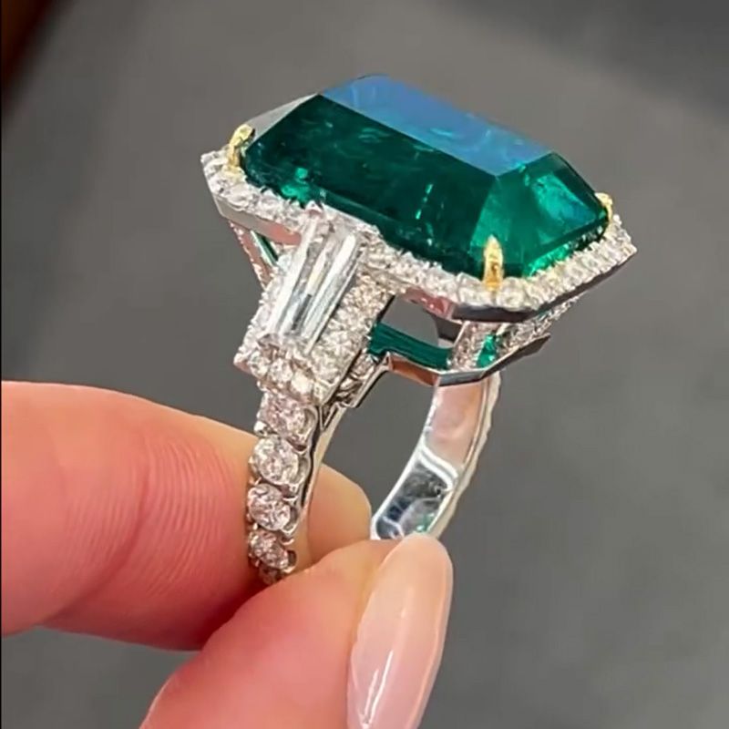 15ct Emerald Cut Emerald Green With 1ct Baguette Side Stones Halo Handmade Engagement Ring