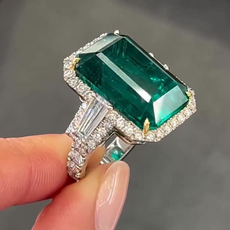 15ct Emerald Cut Emerald Green With 1ct Baguette Side Stones Halo Handmade Engagement Ring