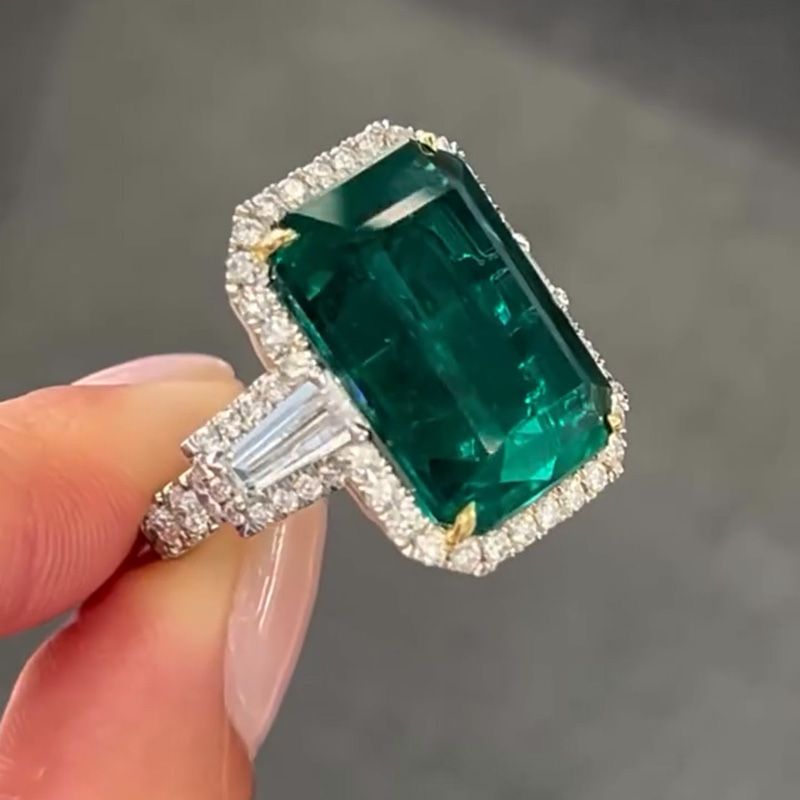 15ct Emerald Cut Emerald Green With 1ct Baguette Side Stones Halo Handmade Engagement Ring