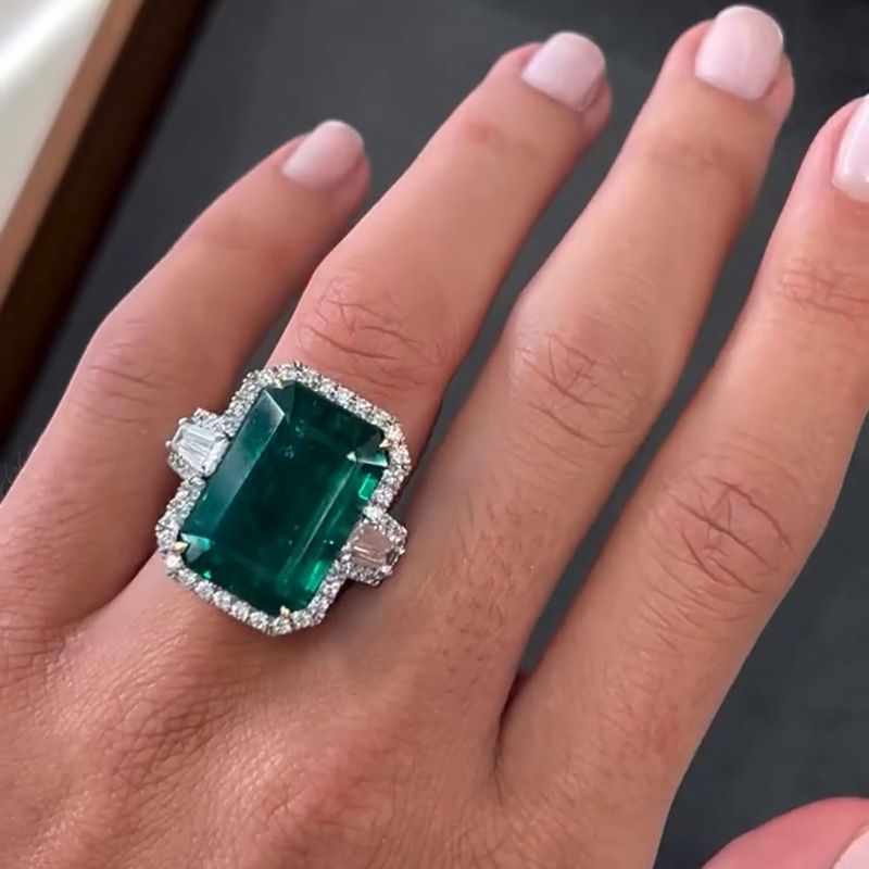 15ct Emerald Cut Emerald Green With 1ct Baguette Side Stones Halo Handmade Engagement Ring