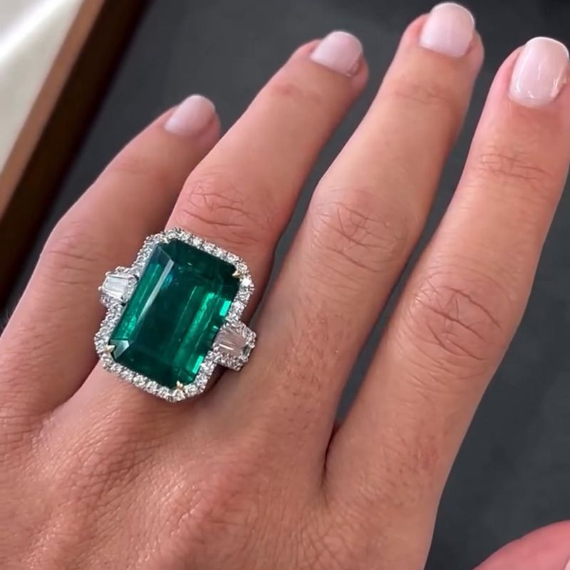 15ct Emerald Cut Emerald Green With 1ct Baguette Side Stones Halo Handmade Engagement Ring