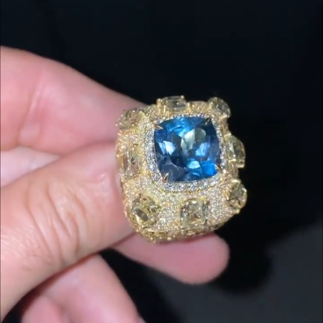 10ct cushion cut sapphire and yellow diamond inlay luxury sterling silver plated yellow gold diamond men's ring