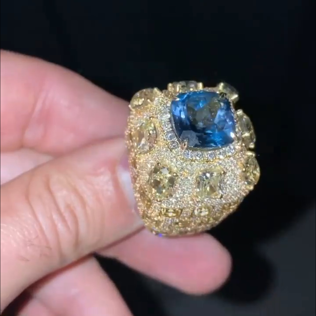 10ct cushion cut sapphire and yellow diamond inlay luxury sterling silver plated yellow gold diamond men's ring