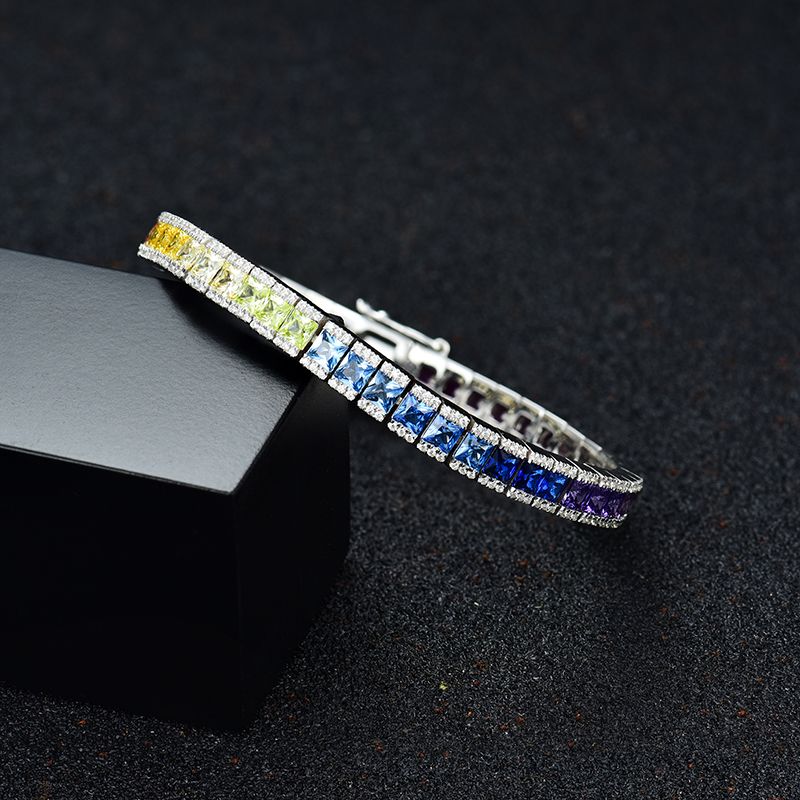 Sterling Silver Multi Color Round And Princess Cut Tennis Bracelet