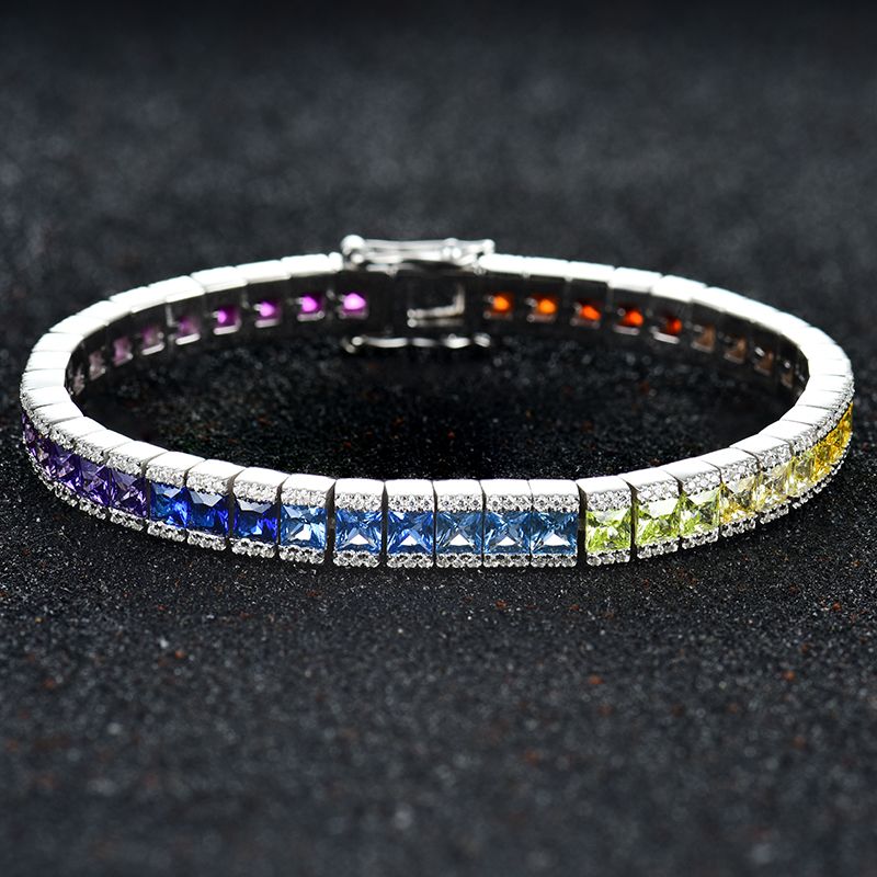 Sterling Silver Multi Color Round And Princess Cut Tennis Bracelet