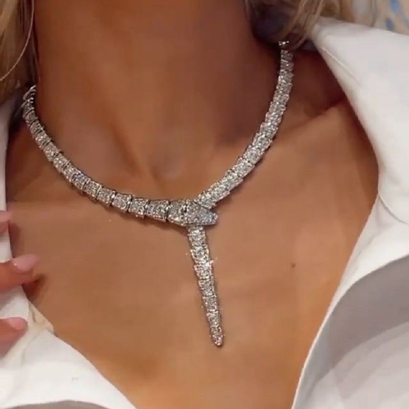 Handmade Summer Snake Lab-created White Gemstone Fine Necklace