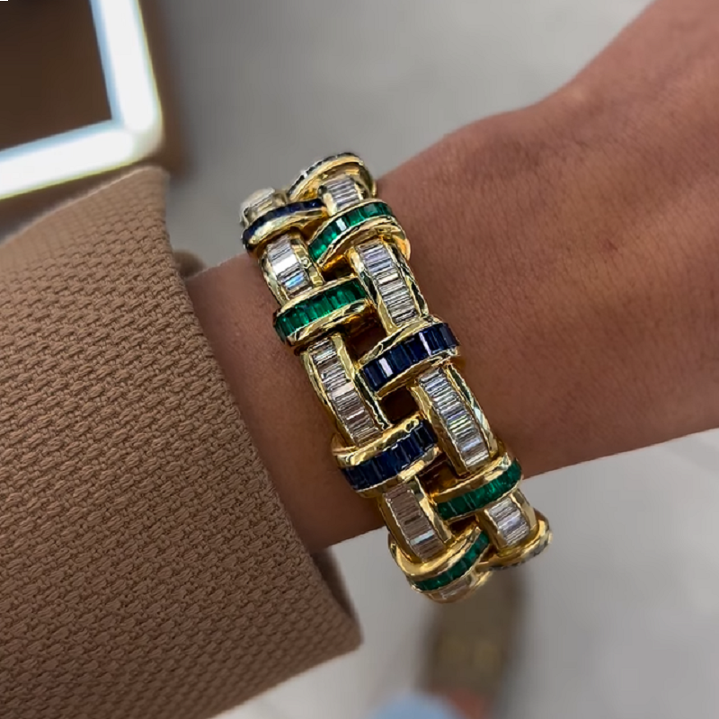 12.30CT Sapphire and Emerald Wide 18 Karat Bracelet