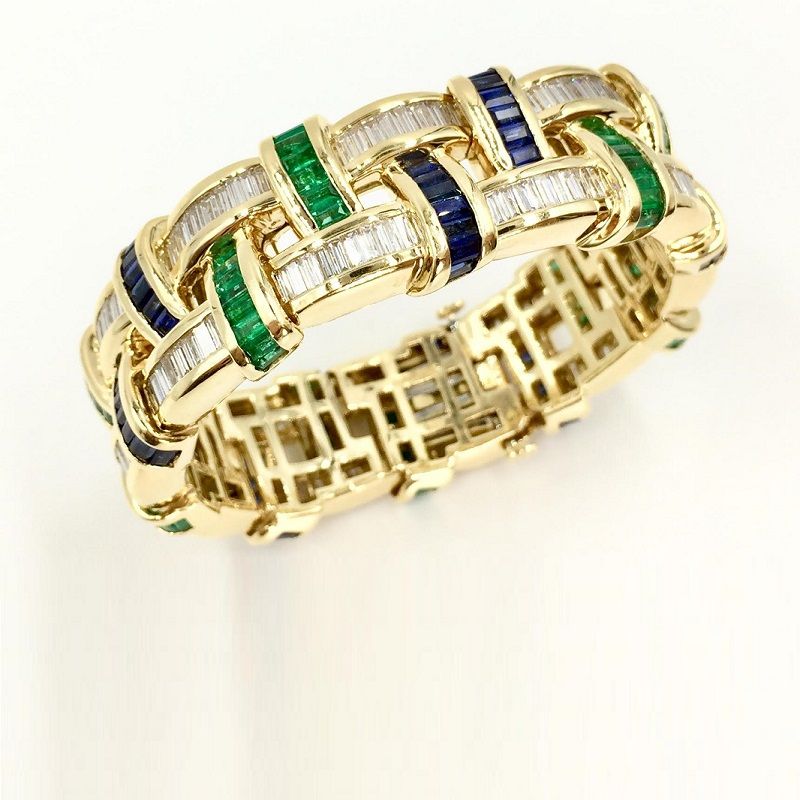 12.30CT Sapphire and Emerald Wide 18 Karat Bracelet