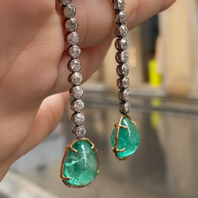 19.0 Carat Pear Cut Emerald Pair Of Diamond Hoop Drop Earrings