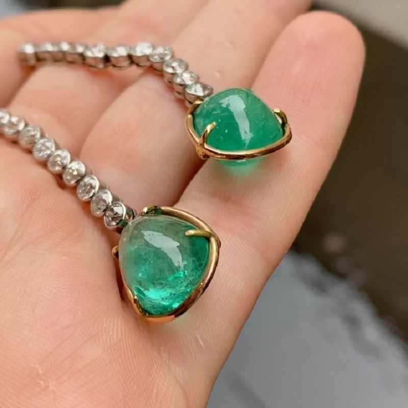 19.0 Carat Pear Cut Emerald Pair Of Diamond Hoop Drop Earrings