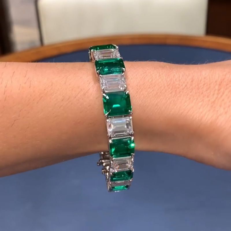 25ctw Emerald Cut Emerald Green & White Sapphire Handmade Bracelet