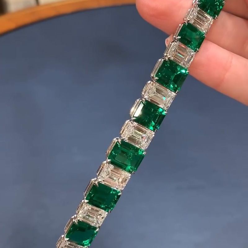 25ctw Emerald Cut Emerald Green & White Sapphire Handmade Bracelet