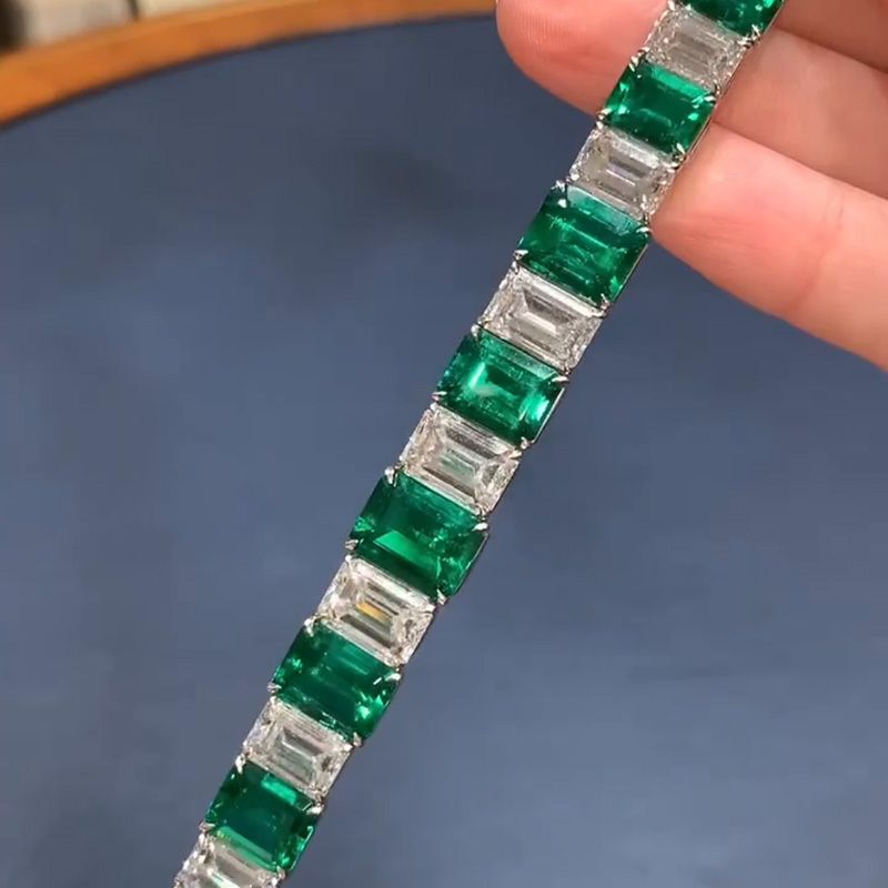 25ctw Emerald Cut Emerald Green & White Sapphire Handmade Bracelet