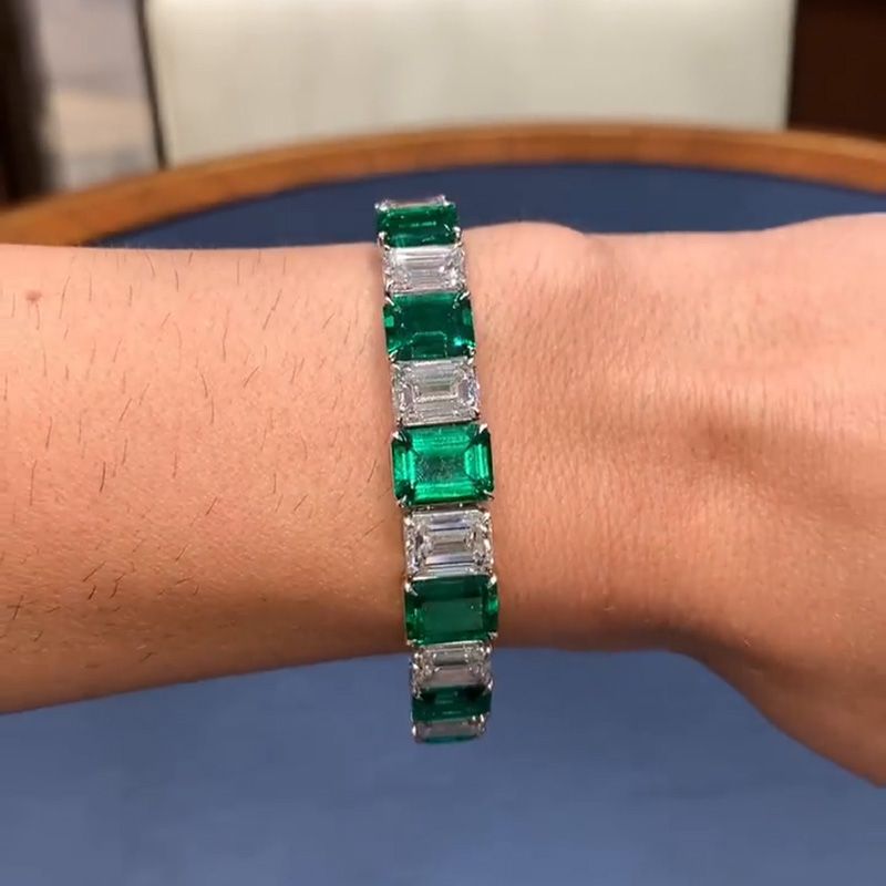 25ctw Emerald Cut Emerald Green & White Sapphire Handmade Bracelet