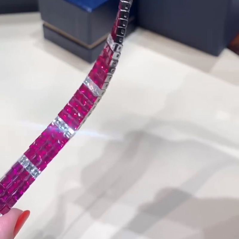 31.37ctw Princess Cut Ruby & White Sapphire Handmade Bracelet