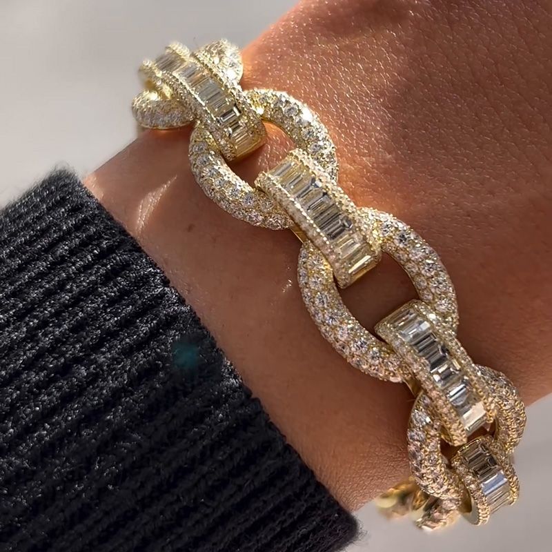 20ctw Emerald & Round Cut White Sapphire Paved Handmade Yellow Gold Bracelet