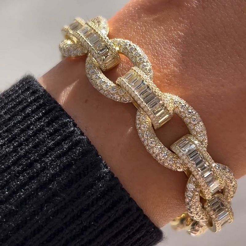 20ctw Emerald & Round Cut White Sapphire Paved Handmade Yellow Gold Bracelet