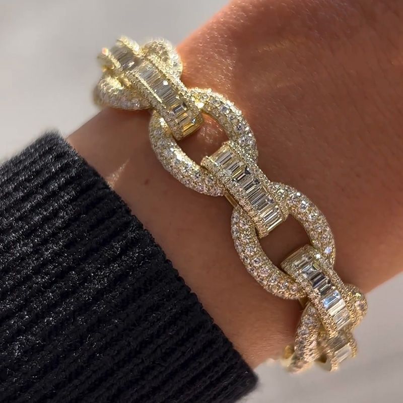 20ctw Emerald & Round Cut White Sapphire Paved Handmade Yellow Gold Bracelet