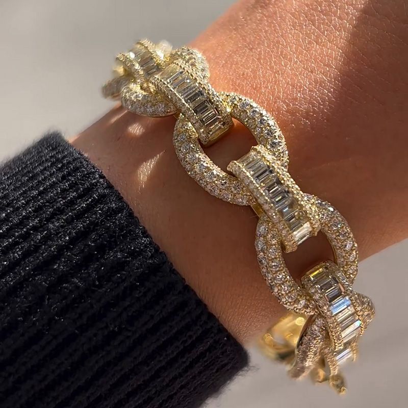 20ctw Emerald & Round Cut White Sapphire Paved Handmade Yellow Gold Bracelet