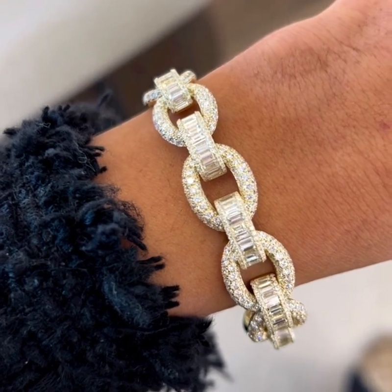 20ctw Emerald & Round Cut White Sapphire Paved Handmade Yellow Gold Bracelet