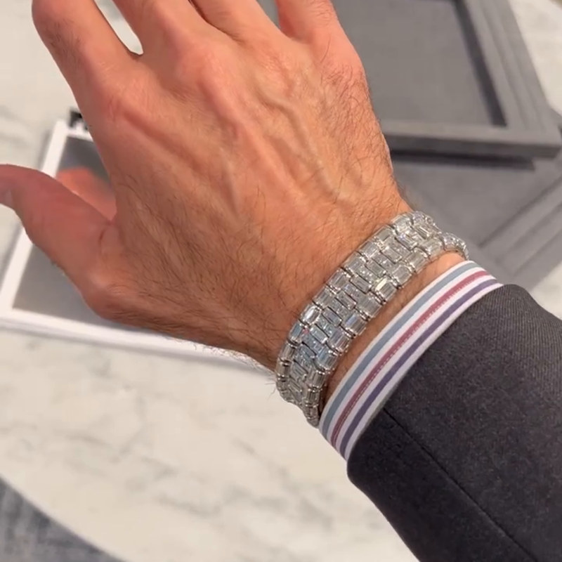 20ctw Baguette Cut White Sapphire Handmade Men's Bracelet