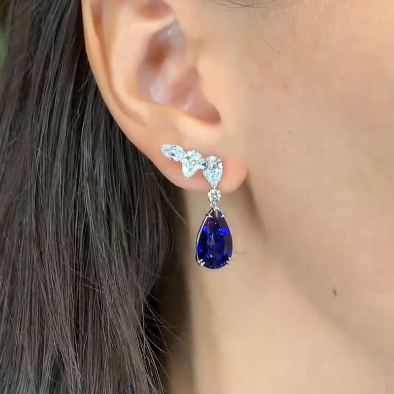 10ct Pear Cut Blue Sapphire Drop Earrings