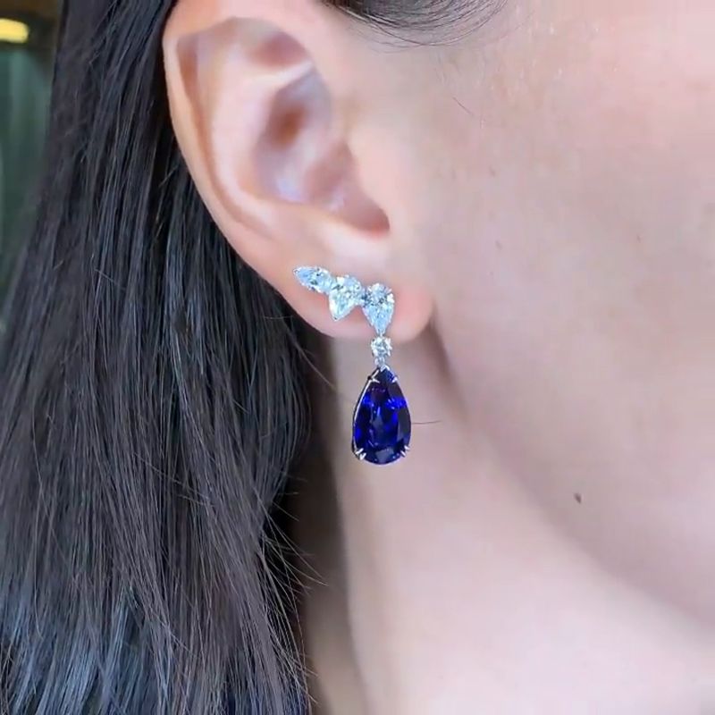 10ct Pear Cut Blue Sapphire Drop Earrings