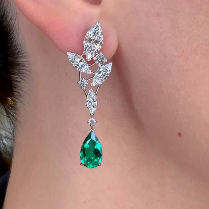 7.9ct Pear Cut Emerald Drop Earrings