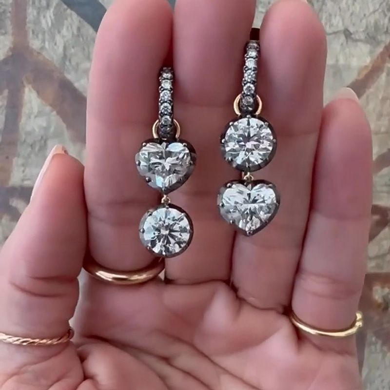 5ct Heart and Round Cut White Sapphire Asymmetric Drop Earrings