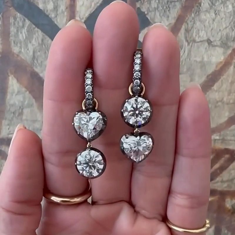 5ct Heart and Round Cut White Sapphire Asymmetric Drop Earrings