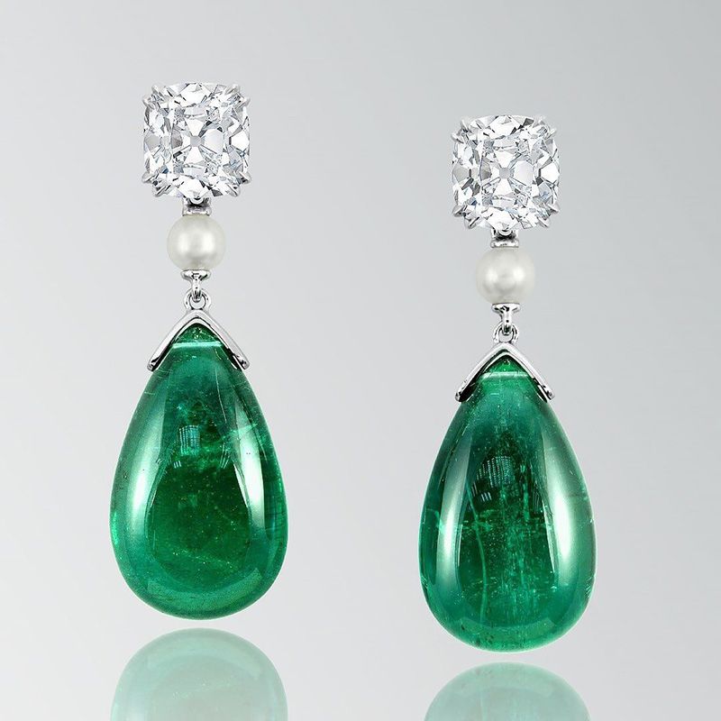 14.2ctw Pear Shape Cabochon Emerald With Cushion Cut White Sapphire Drop Earrings