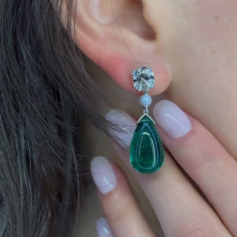 14.2ctw Pear Shape Cabochon Emerald With Cushion Cut White Sapphire Drop Earrings
