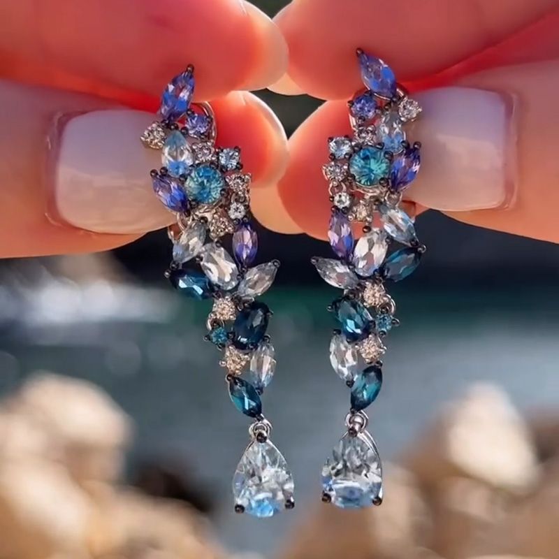 5.5ctw Multi-Shape Cut Clusters of Blue Gemstones Sea Wave Dangling Earrings